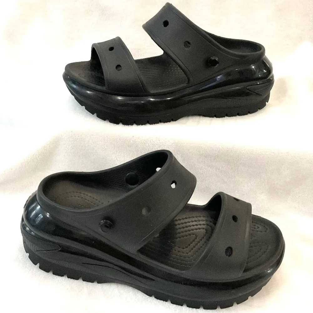 Black Crocs Mega Crush Chunky Platform Y2K Grunge Sandal Men— Sz 9 Wms Sz 11